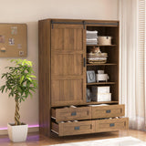 Bedroom Armoire Wardrobe Closet with Drawers Open Shelves for Clothes,Wood Wardrobe with Sliding Door High Hanging Rod (Walnut) Gagihoom