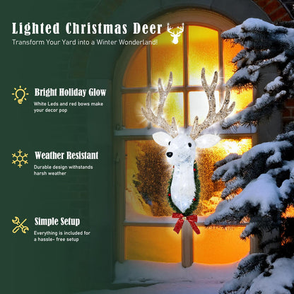 Christmas Wall Decor Reindeer Head with Clear 60 Count Lights，3D Rudolph Hanging Wreath with Battery Operated, 8 Modes & Timer, Light Up for Xmas Holiday Christmas Décor