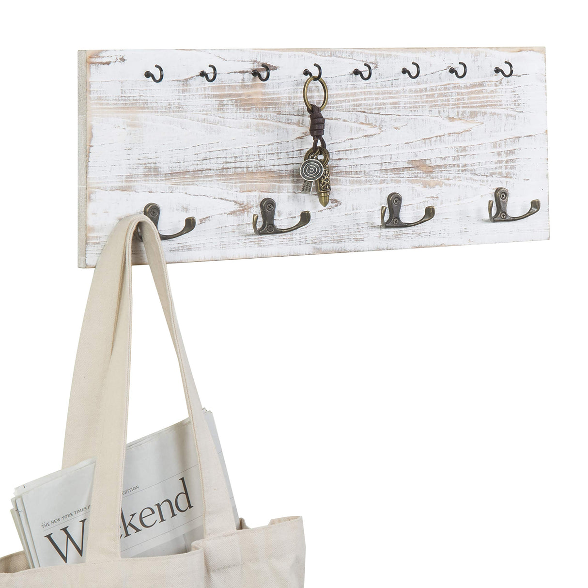 MyGift Coat and Key Hook Wall Organizer, Whitewashed Wood Mounted Coat and Key Holder Rack with 16 Hook, Farmhouse Entryway Hanging Organizer MyGift