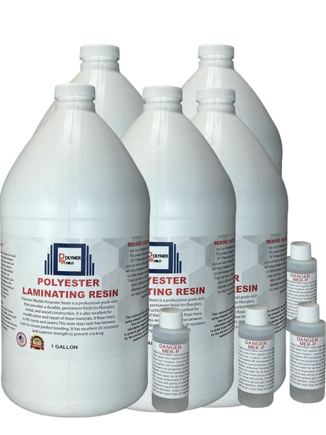 Polymer World- Polyester Resin 5 Gallon Kit with MEKP for Boats, Autos, Surfboards, RV, Pools,Canoes, Jetskis, Watercrafts (PR5G, 1) Polymer World