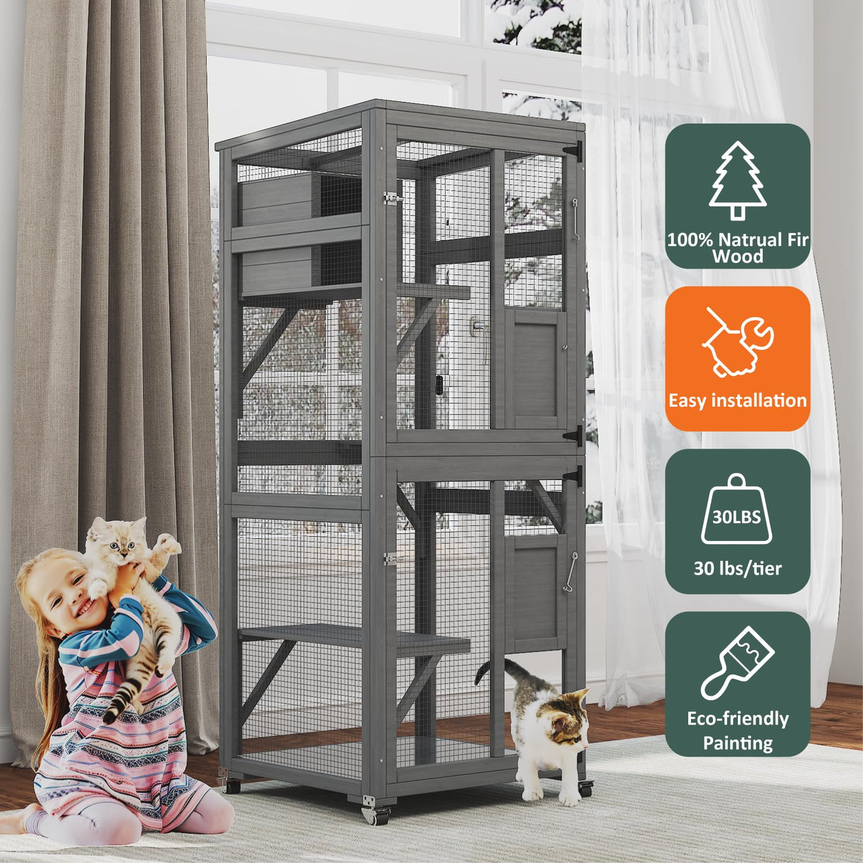 TIMHAKA Catio Outdoor Cat Enclosure, 4 Tier Indoor Catio with 4 Wheels, Platforms and Resting Box, Cat Cage with Waterproof Roof, Feral Animal Shelter with Removable Bottom and Easy Clean PVC Layer TIMHAKA