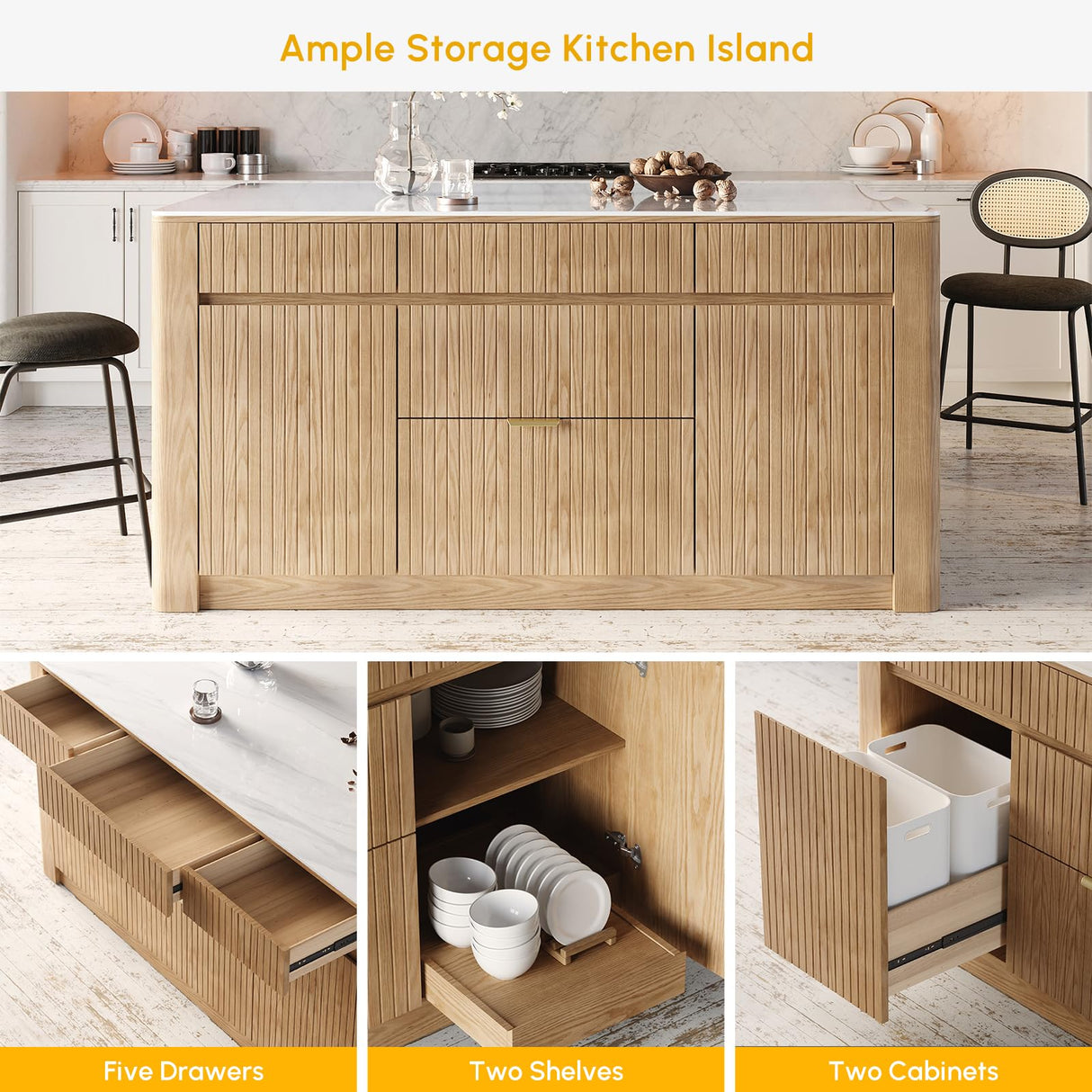 homary Kitchen Island Modern Wood Kitchen Island with Sintered Stone Top and Storage,Whitewash, Spacious Design for 2-3 Stools (Whitewash, 72'') homary