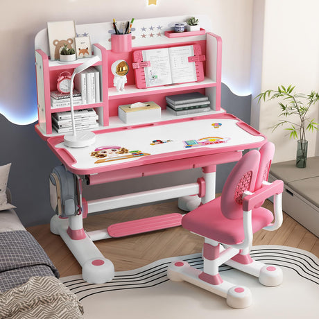 2025 Upgraded Kids Desk and Chair Set, 50 Degree Tiltable&Height Adjustable Kids Desk with Storage Drawers and Bookshelf, Ergonomic Study Table for Kids (Pink-New Type) Goodliest