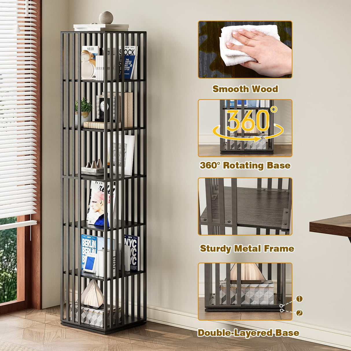 Espelism 6 Tier Rotating Bookshelf, 360° Spinning Narrow Bookcase Tower, Space Saving Floor Standing Wood Shelf & CD Organizer for Small Spaces, Bedroom, Living Room, Office (Black, 6-Tier) Espelism