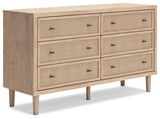 Signature Design by Ashley Cielden Coastal 6-Drawer Dresser, Bronze-Tone Knobs, Safety Stop, Textured Cane Details, 62.01" W x 19.65" D x 35.67" H, Light Brown Signature Design by Ashley