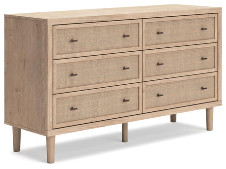 Signature Design by Ashley Cielden Coastal 6-Drawer Dresser, Bronze-Tone Knobs, Safety Stop, Textured Cane Details, 62.01" W x 19.65" D x 35.67" H, Light Brown Signature Design by Ashley