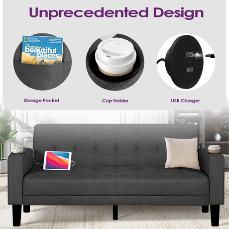 TYBOATLE Sofa Couch, Living Room Furniture Sectional Sofa Sets of 3 Pcs, Tufted Mid-Century Loveseat w/USB, Cupholders & Comfy Single Sofa for Small Space, Apartment, Office (Dark Grey) TYBOATLE