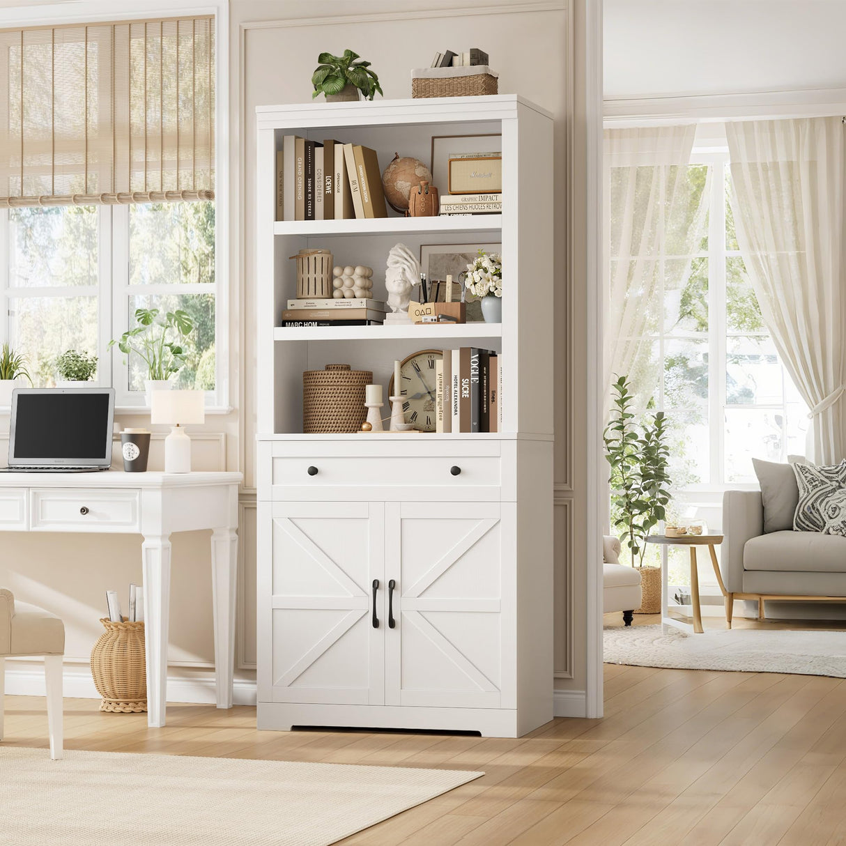 HOSTACK 72" Tall Book Shelf and Bookcase, 14" Deep Bookshelf with Drawer and Doors, Farmhouse Book Case with Storage, Wood Storage Cabinet with Display Shelves for Home Office, Living Room, White HOSTACK