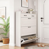HANLIVES Hidden Shoe Cabinet for Entryway,Narrow Entry Shoe Storage Cabinet with Drawer,White Flip Down Shoe Rack Wood 4 Tier Slim Shoe Storage Organizer for Hallway,Apartment HANLIVES