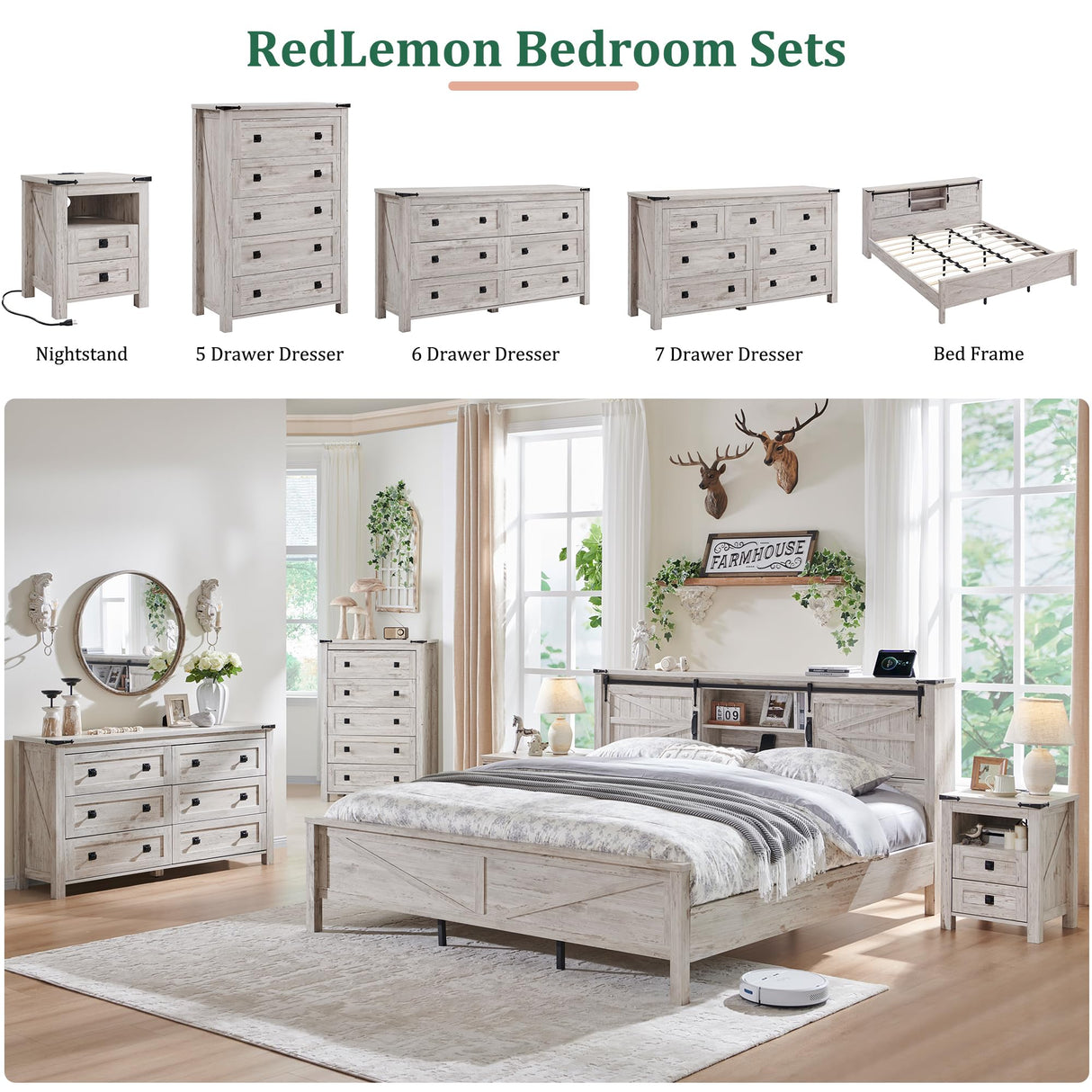 RedLemon Farmhouse 5 Drawer Dresser, 48" Tall Rustic Chest of Drawers, Wood Dresser for Bedroom, Living Room, Hallway, Antique Brush White RedLemon