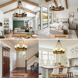 Farmhouse Wagon Wheel Chandelier 6-Light, Round Wood Chandelier with Seeded Glass Shade, Rustic Wood Chandeliers Hanging Pendant Light for Dining Room Living Room Kitchen Foye TEINIE