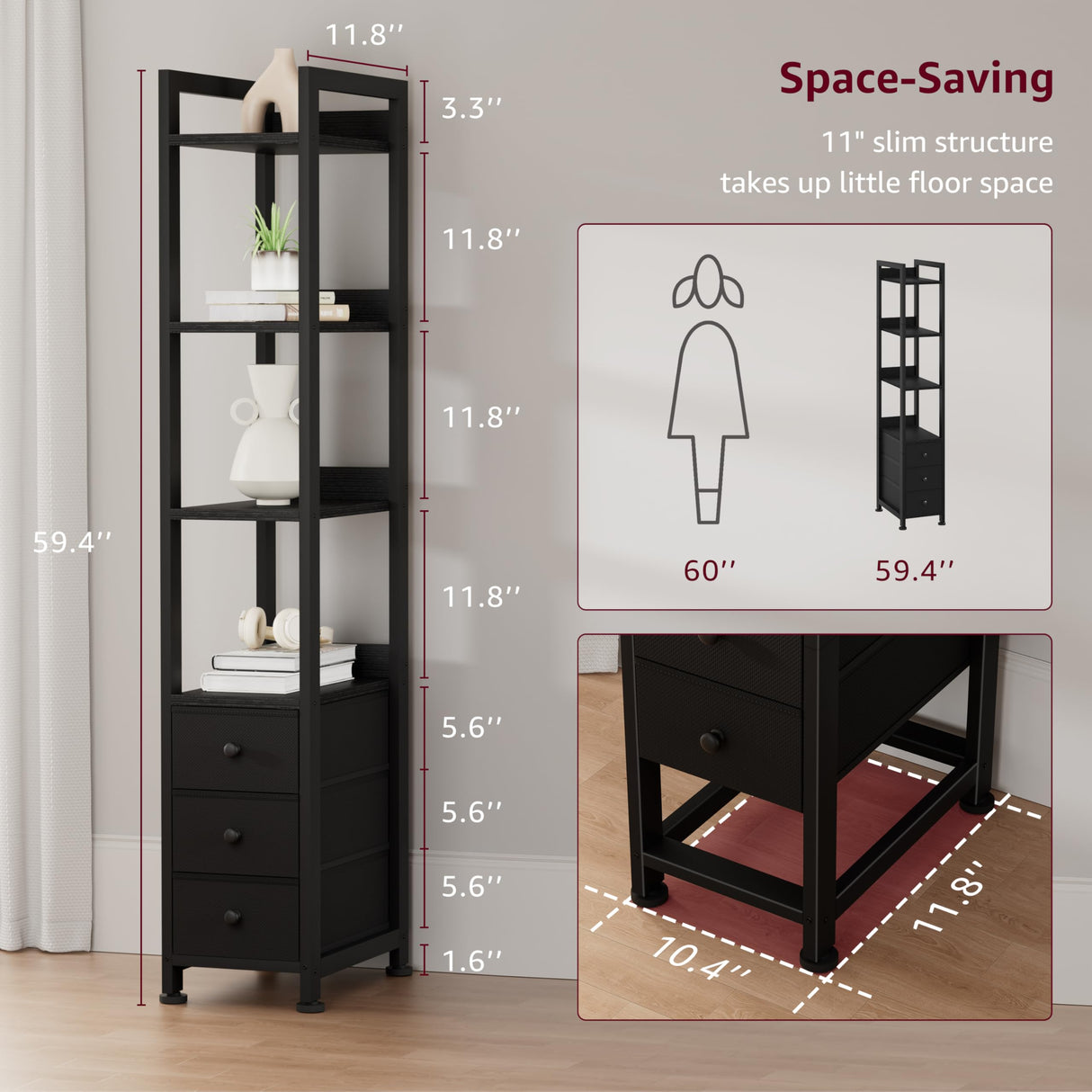 KLUVIS Black Narrow Bookshelf with 3 Drawers - 4 Tier Thin Book Shelf for Small Spaces Skinny Shelves Slim Farmhouse Fabric Drawer 60 inch Tall (04B) KLUVIS