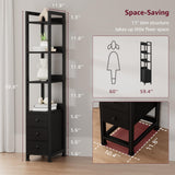 KLUVIS Black Narrow Bookshelf with 3 Drawers - 4 Tier Thin Book Shelf for Small Spaces Skinny Shelves Slim Farmhouse Fabric Drawer 60 inch Tall (04B) KLUVIS