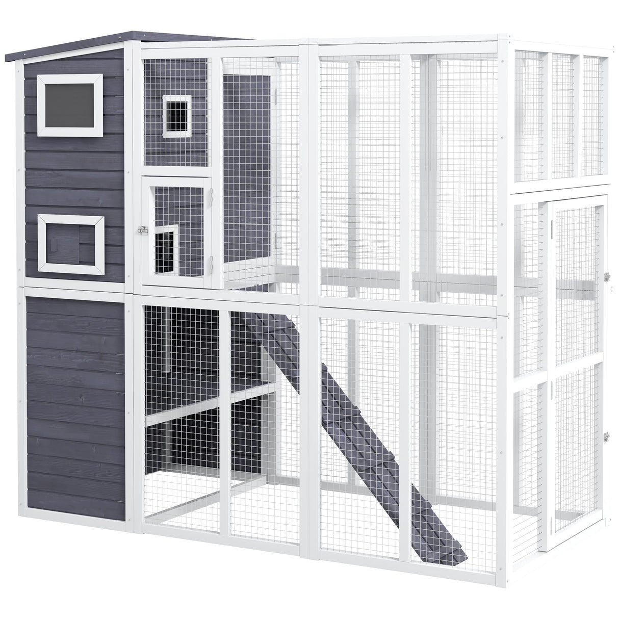 PawHut Outdoor Catio, Cat House Wooden Feral Cat Shelter, Cat Cage with Platforms, Waterproof Asphalt Roof, Ramps, 77" L, Light Gray PawHut