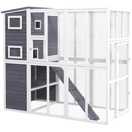 PawHut Outdoor Catio, Cat House Wooden Feral Cat Shelter, Cat Cage with Platforms, Waterproof Asphalt Roof, Ramps, 77" L, Light Gray PawHut