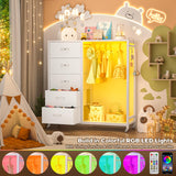 Cyclysio Dresser with Clothes Rack, 5 Drawers Dresser with Charging Station & LED Lights, White Storage Unit, Closet Cyclysio