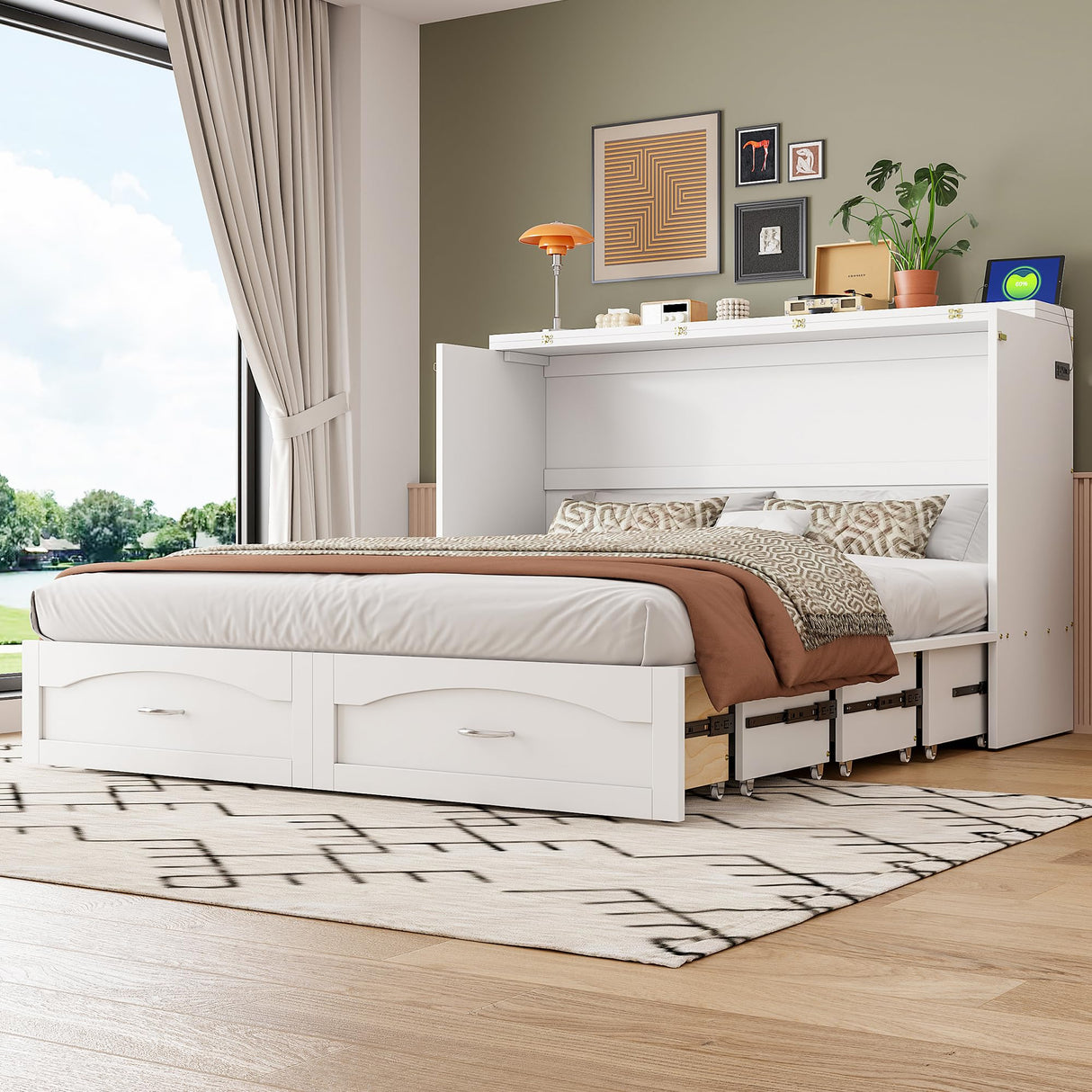 P PURLOVE Queen Murphy Bed, Modern Cabinet Bed with Drawer, A Set of Sockets and USB Ports, Wood Murphy Bed Frame for Adult, Teenager, Pulley Structure Desig (White) P PURLOVE