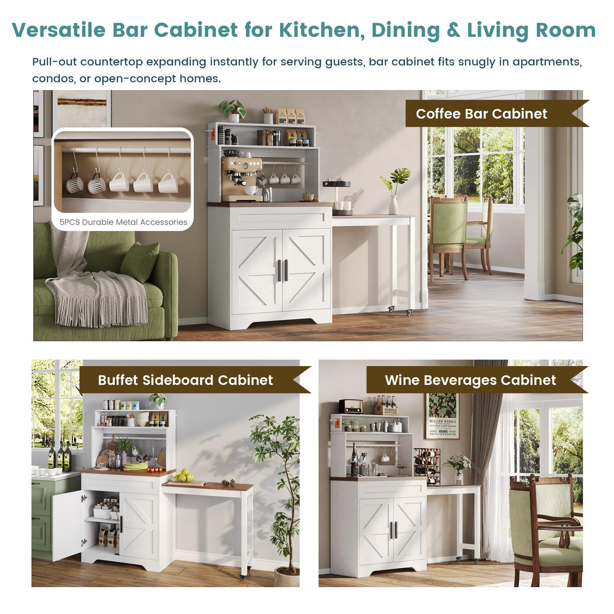 ANCTOR Coffee Bars Farmhouse Cabinet with Hutch, 56.7'' Extendable Kitchen Buffet Sideboard with 5 Hooks, Magnetic Note Zone Adjustable Shelves, White Wine Cabinet for Dining Room ANCTOR