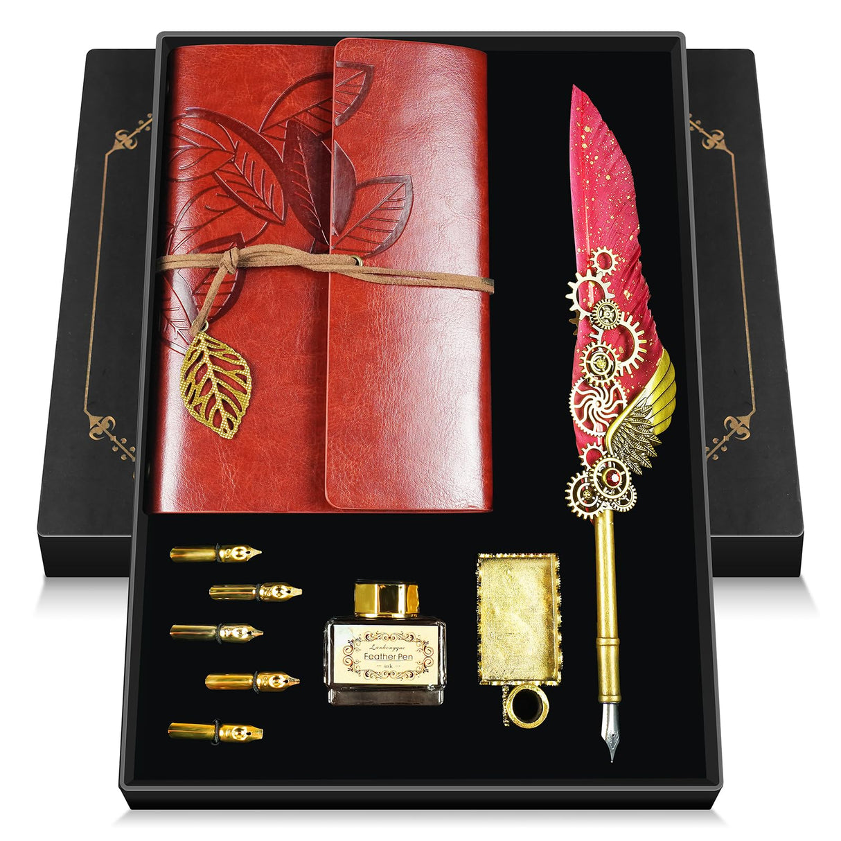 Feather Quill Pen and Ink Set,Antique Calligraphy Set with Leather Journal Notebook,Feather Pen,5 Gold Nibs,Pen Holder,Ink,Calligraphy Kits for Beginners Christmas Gift GrnVibe
