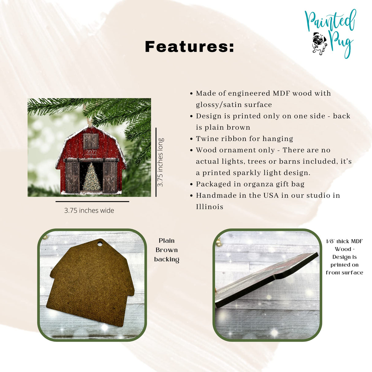 Personalized Christmas Ornaments 2024 Red Barn Farmhouse Wood Custom Farm Gift Stocking Stuffer Handmade by The Painted Pug (Red Barn Personalized) The Painted Pug