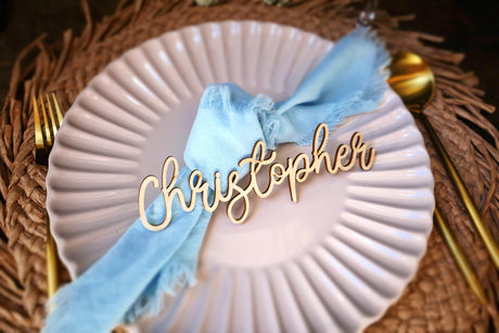 Customized Wooden Name Tags for Place Setting, Personalized Place Cards for Weddings, Bridal Showers and Events, Cursive Laser Cut Seating Cards (Gold) Generic