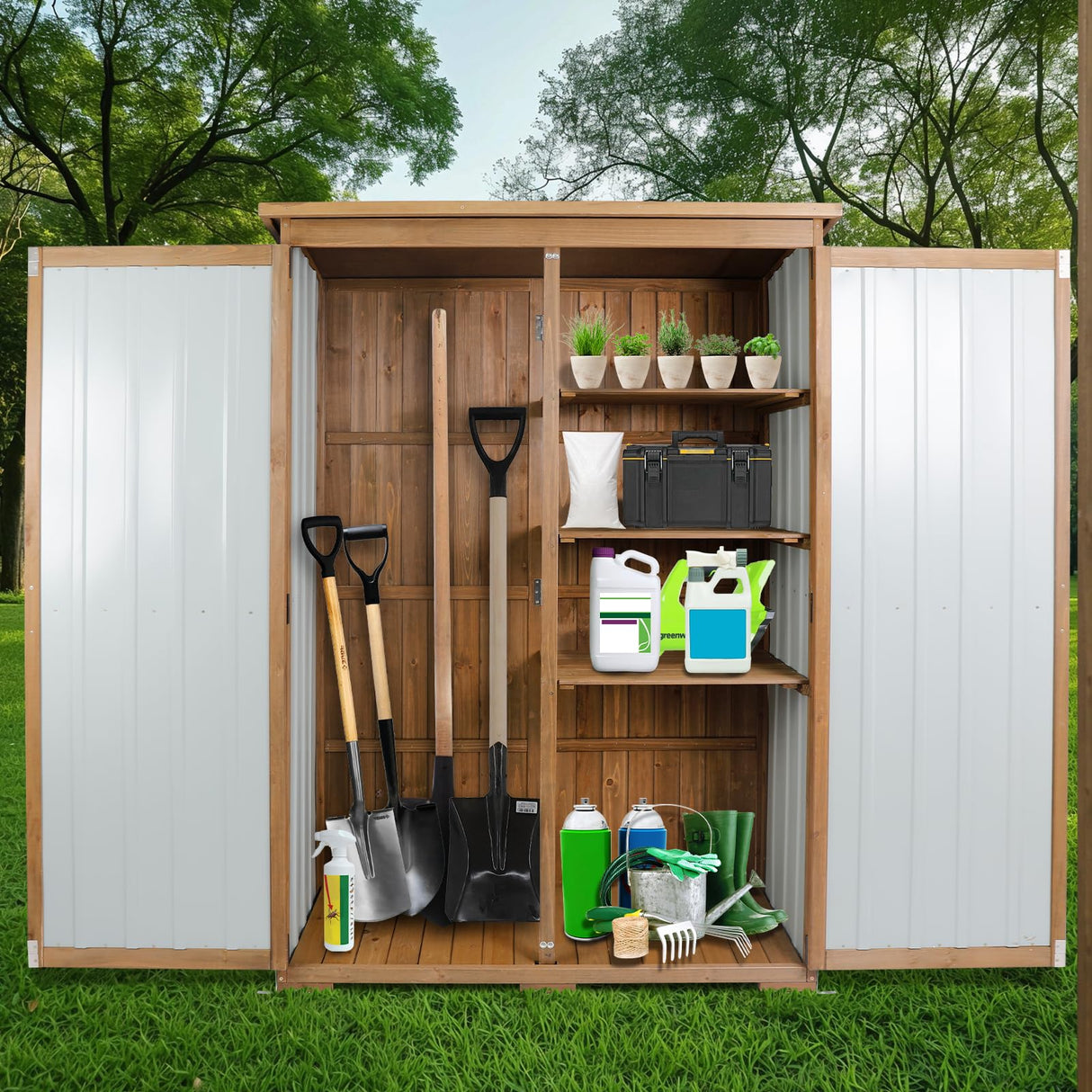 Outdoor Storage Cabinet Wood & Metal with Waterproof Roof, Garden Tool Shed with 4 adjustable reinforced feet with metal brackets, 3 Removable Shelves, 6 T-Hinge, Magnetic door,18.1"D x 49"W x 68.5"H Gowoodhut