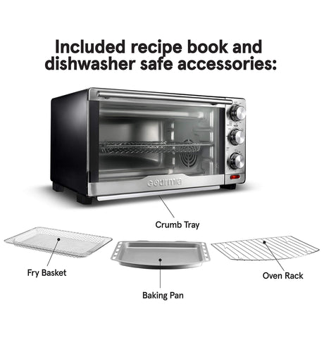 Gourmia GTF7350 6-in-1 Multi-function, Stainless Steel Air Fryer Oven - 6 Cooking Functions - Fry Basket, Oven Rack, Baking Pan & Crumb Tray, Included + Recipe Book Gourmia