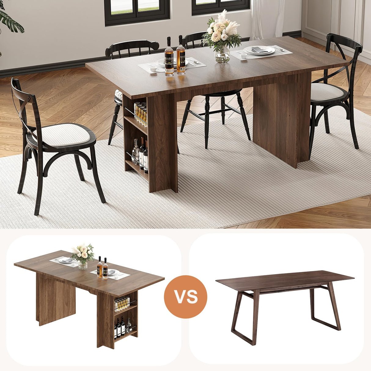 GarveeHome 63 Inch Farmhouse Dining Table with 4 Storage Shelves, Seats 4-6, Rustic Wooden Rectangle Kitchen Table for Dining Room, Living Room, Eazy Assembly, Walnut GarveeHome