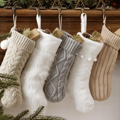 Pawliss Christmas Stockings: 5 Pack Farmhouse Plush Faux Fur & Cable Knitted Fireplace Xmas Stockings, Hanging Gifts Cozy Personalized Stocking Decorations for Family Holiday Décor, White Gray Beige