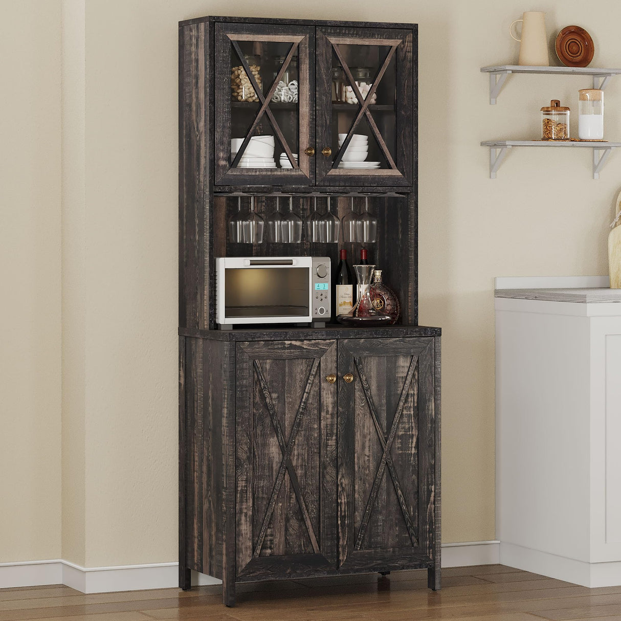 YITAHOME Kitchen Pantry Cabinet Storage with Microwave Stand, 67'' Tall Pantry Buffet Cabinet w/Acrylic Glass Doors and Glass Holder, Freestanding Hutch Cupboard for Home, Kitchen, Dark Rustic Oak YITAHOME