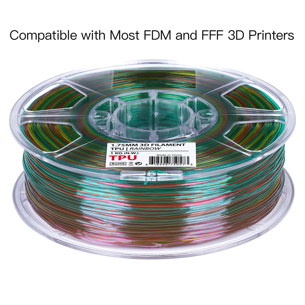 INLAND TPU Filament, Rainbow TPU 3D Printer Filament, Red, Orange, Purple, Yellow, Green Flexible Filament, Dimensional Accuracy +/- 0.03 mm - 1kg Spool (2.2 lbs) INLAND