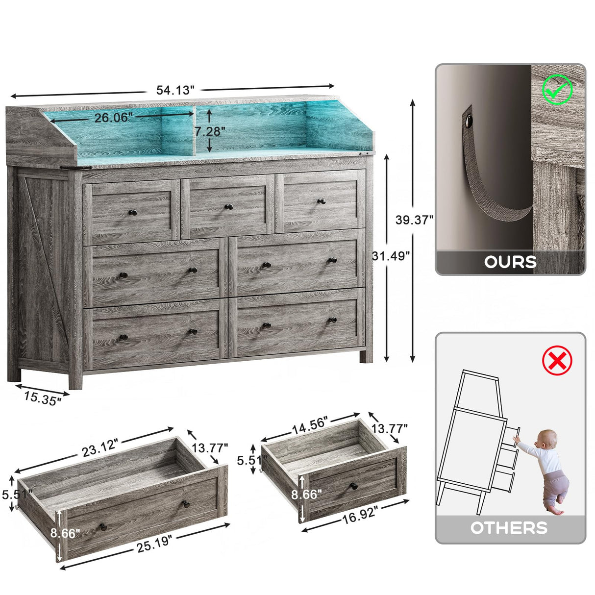 GlouMod LED Dresser with Charging Station, 7 Drawer Dressers & Chest of Drawers, Wooden Chest of Drawers for Bedroom, Closet Dresser Organizer, TV Stand, Rustic Grey GlouMod