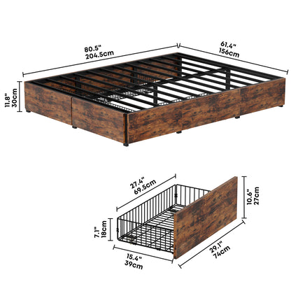 LIKIMIO Queen Bed Frame with Storage, 4 Drawers and Heavy Strong Metal Support Frames, Solid Stable, Noise-Free, No Box Spring Needed, Easy Assembly