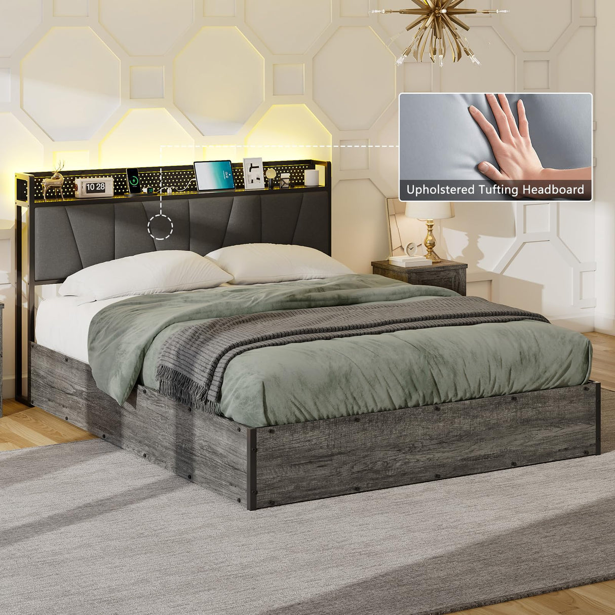 LUXOAK Queen Size Lift Up Storage Bed Frame with RGB LED Lights and Charging Station in Rustic Grey LUXOAK