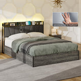 LUXOAK Queen Size Lift Up Storage Bed Frame with RGB LED Lights and Charging Station in Rustic Grey LUXOAK