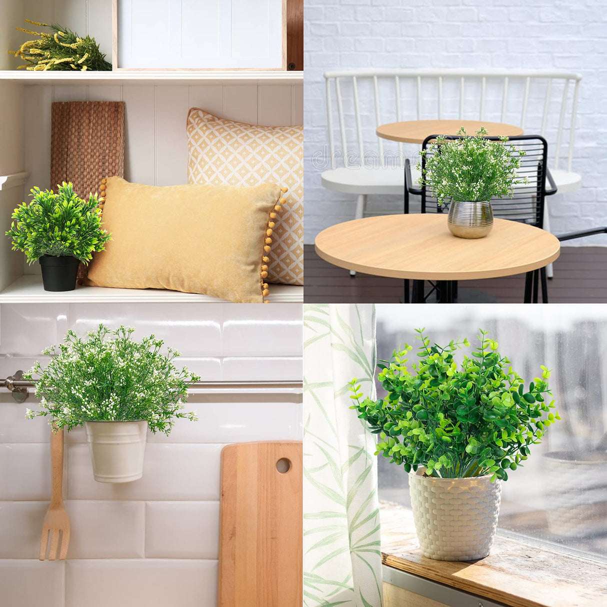 Ouddy Decor 6 Bundles Artificial Greenery Stems Mixed Fake Plants Eucalyptus Stems Babys Breath Faux Plastic Artificial Plants & Flowers for Outdoor Indoor Garden Home Window Box Decor Ouddy Decor