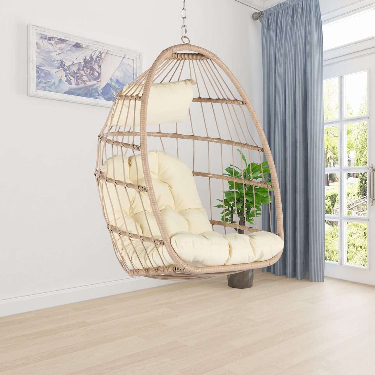 BRIGHTREE Wicker Egg Chair Without Stand,Indoor Outdoor 360 Swivel Hanging Egg Chair Rattan Patio Basket Chair no Stand Foldable Hammock Egg Chair with Cushion for Bedroom Balcony BRIGHTREE