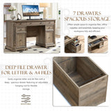 Yechen 55'' Wood Executive Desk with 7 Drawers - Farmhouse Home Office Desks with Power Outlet, Wooden Computer Desk with Roman Columns, Rustic Writing Table for Work & Study, Weathered Reclaimed Oak Yechen