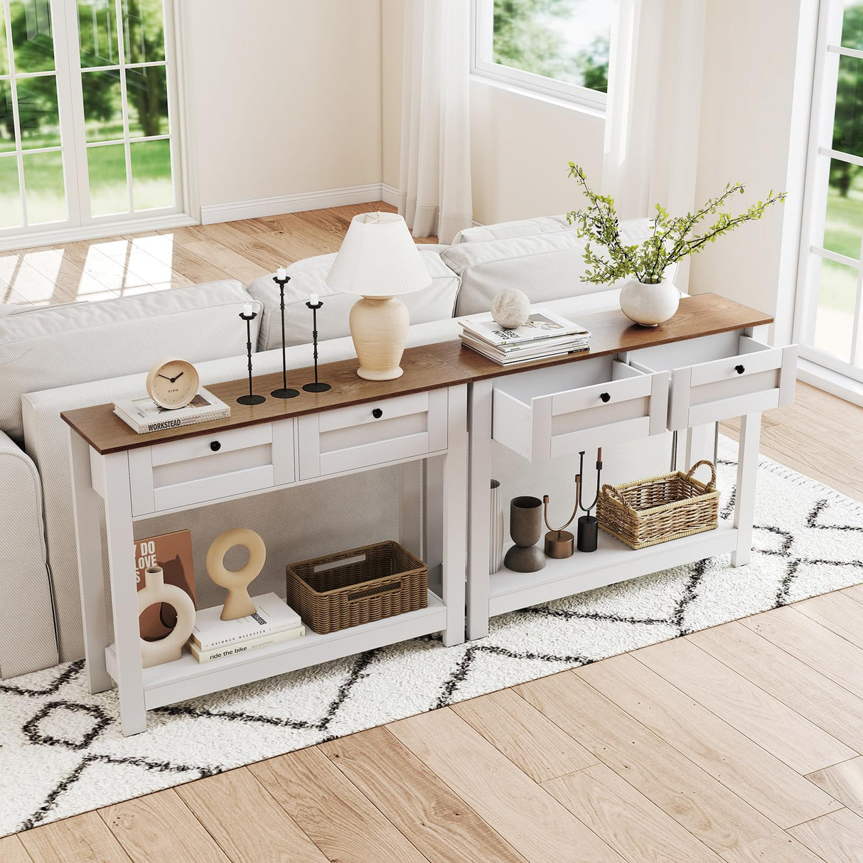 Giantex 42" Farmhouse Console Table with 2 Drawers, Modern Wood Entryway Table, Narrow Long Sofa Tables with Open Storage Shelf for Living Room, Hallway, Entrance, Foyer, Rustic Vintage, White & Brown Giantex