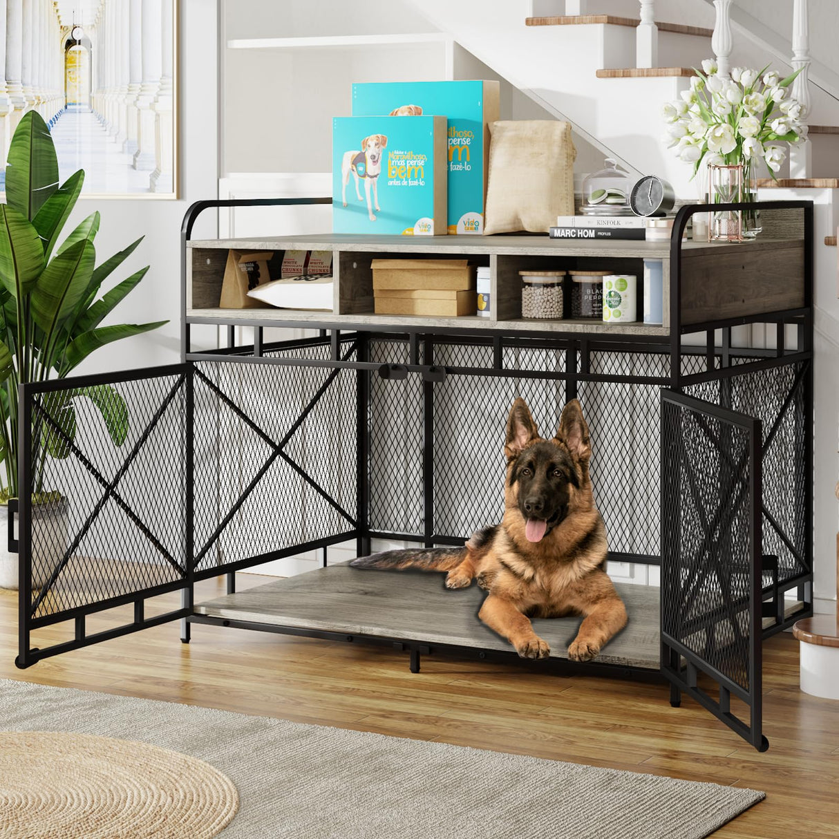 LEMBERI Dog Crate Furniture Large Breed,Wodeen Large Dog Kennel Indoor End Table,Heavy Duty Dog Crate,Decorative Pet Crate Dog Cage (Gray) LEMBERI