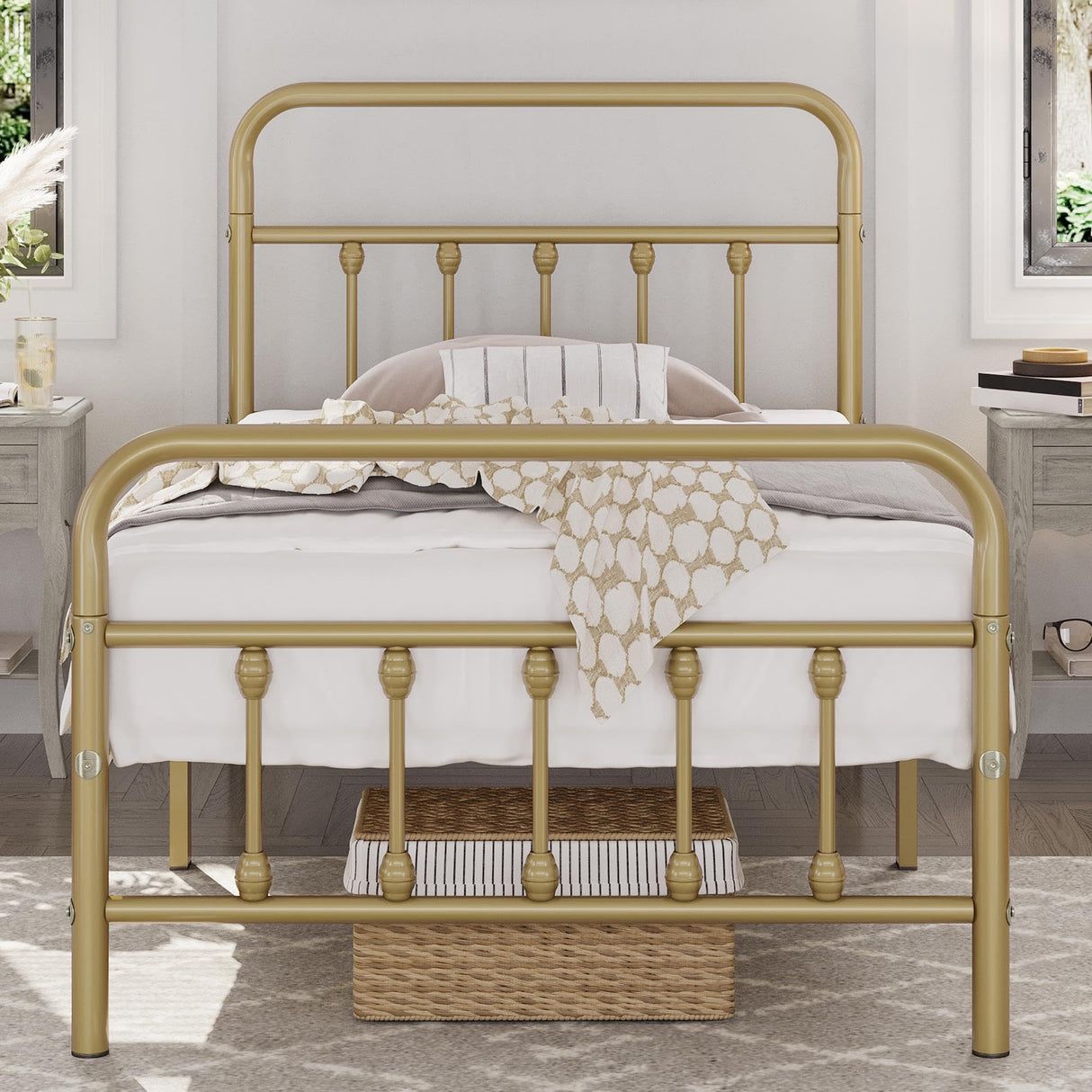 Yaheetech Classic Metal Platform Bed Frame Mattress Foundation with Victorian Style Iron-Art Headboard/Footboard/Under Bed Storage/No Box Spring Needed/Twin Size Antique Gold Yaheetech