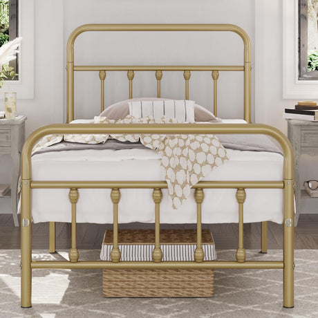 Yaheetech Classic Metal Platform Bed Frame Mattress Foundation with Victorian Style Iron-Art Headboard/Footboard/Under Bed Storage/No Box Spring Needed/Twin Size Antique Gold Yaheetech