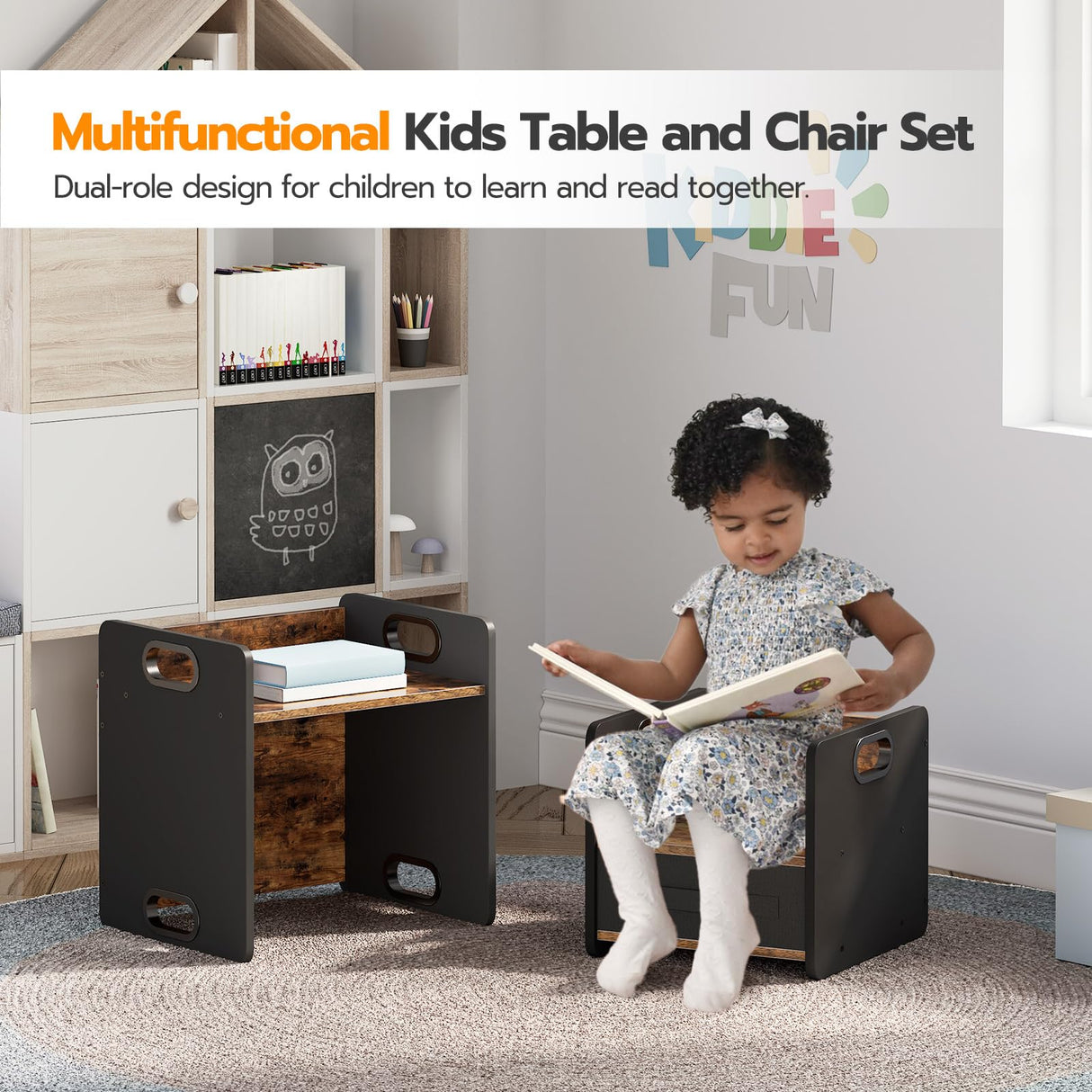 HOOBRO Weaning Table and Chair Set, Toddler Table and Chair Set, Furniture for Kids 1-3 Year Old, Kids Table and Chair Set for Reading Rustic Brown and Black BF38JD01 HOOBRO