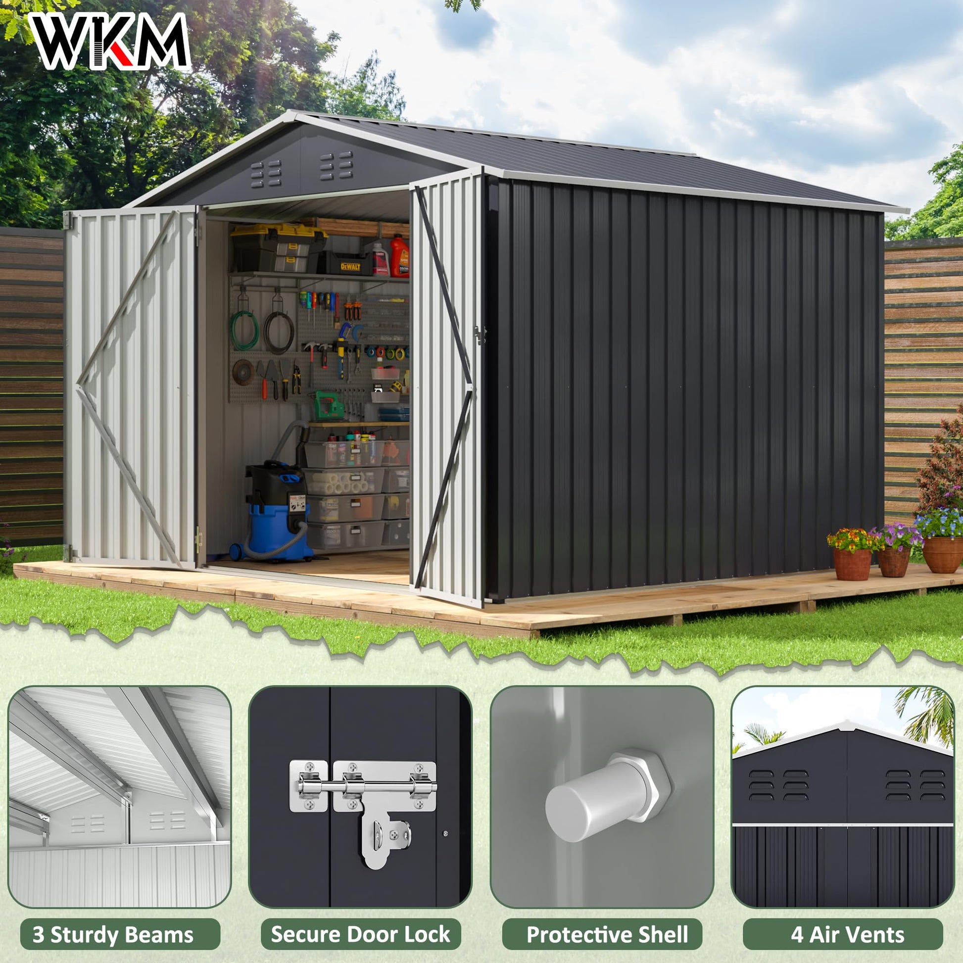 WKM 8x8 FT Outdoor Storage Shed, Utility Metal Tool Storage with Lockable Doors and Updated Frame Structure, Large Metal Garden Shed for Backyard, Patio Lawn, Black - WoodArtSupply