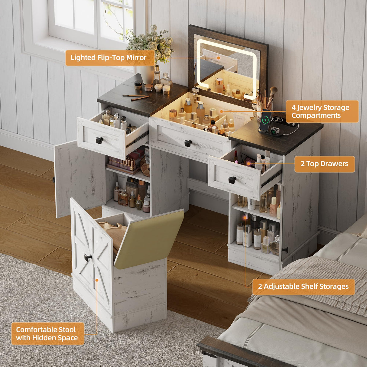 JDPAG Farmhouse Vanity Desk with Flip Top Mirror and Lights, Makeup Vanity Table with 2 Adjustable cabinets,2 Drawers and Hidden Storage Stool, Charging Dressing Table Set for Bedroom,White JDPAG