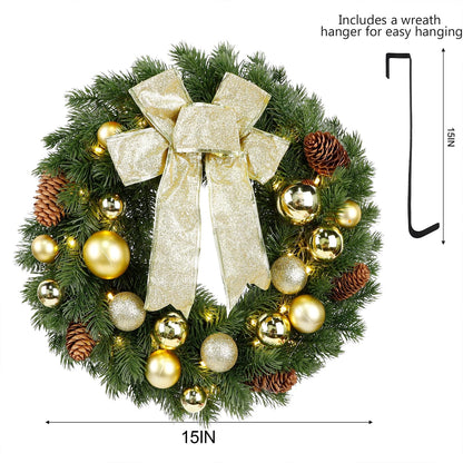 Hausse Lighted Christmas Wreath with Metal Hanger, Pre-lit Xmas Wreath with Large Golden Bow & Balls, 8 Modes & Timer, Battery Operated with 40 Lights, for Front Door Gate Wall Xmas Party Decorations