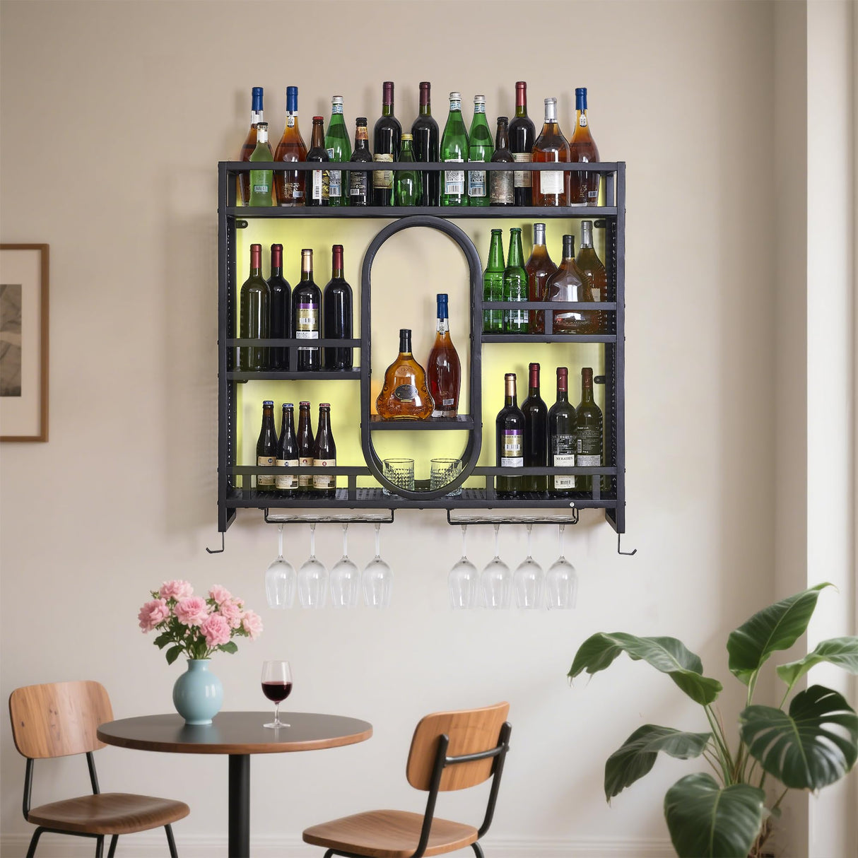 39in Wine Rack Wall Mounted with Led Light, 3-Tiers Black Bar Shelf Wall Mounted, Liquor Bottle Display Shelf, Wall Wine Rack for Kitchen Bar Dining Rooms Decoration BGGFNZ