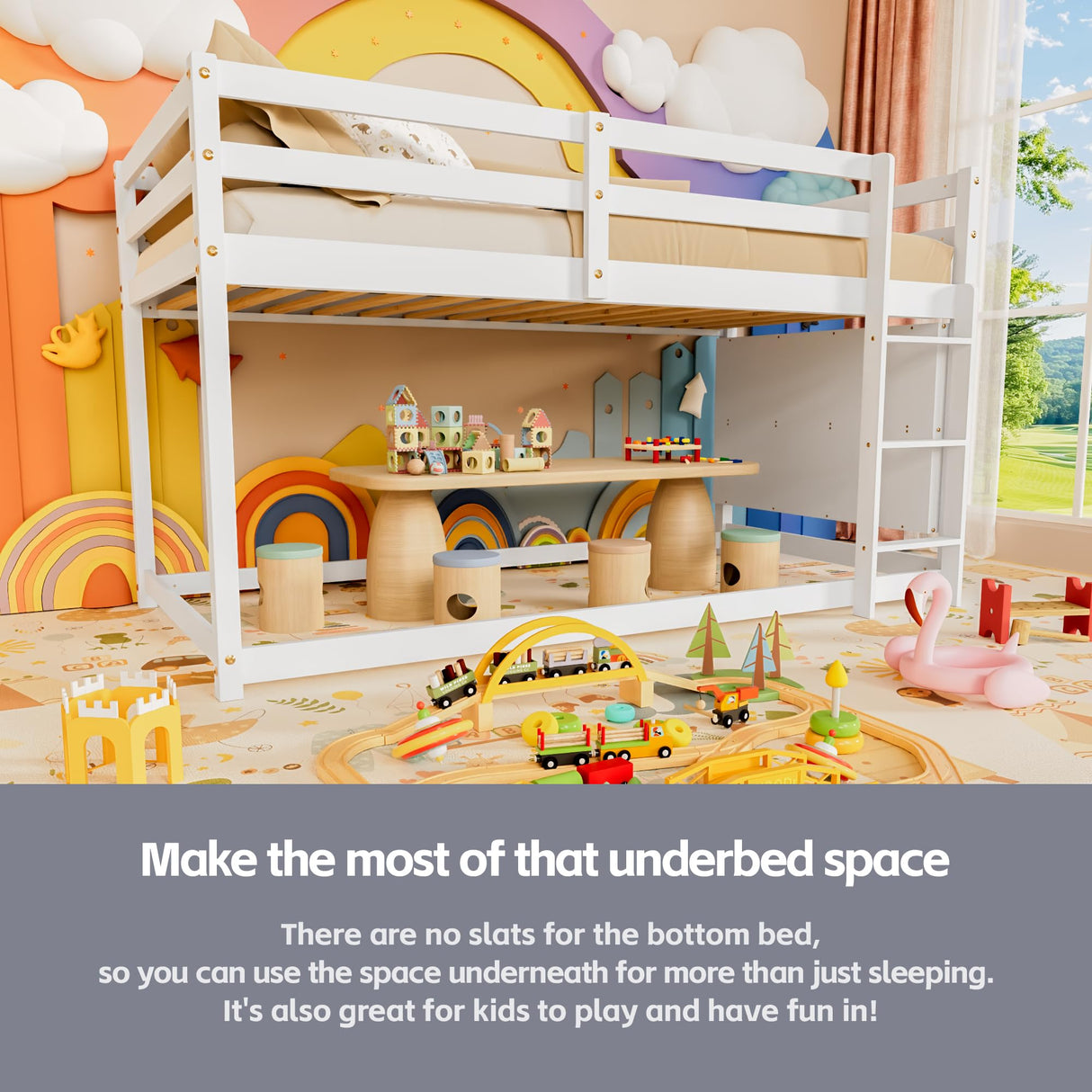 TOLEAD Low Bunk Bed Twin Over Twin, Floor Bunk Bed with Bookshelf&Ladder, Twin Bunk Bed with Full Guardrails, Wooden Bunk Bed for Juniors, Boys, Girls, Kids, Bedrooms (White) TOLEAD