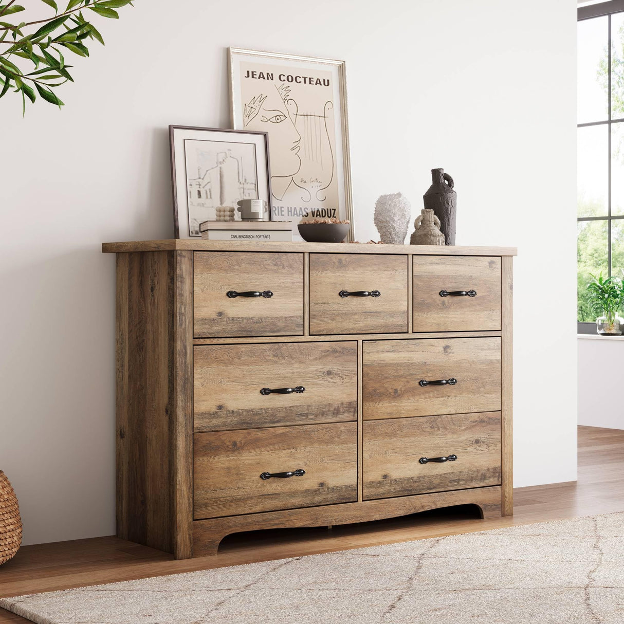 LINSY HOME 7 Drawers Dresser for Bedroom, 47" Wide Rustic Wood Dressers & Chests of Drawers, Modern Farmhouse Storage Dresser with Antique Handles for Closet, Living Room, Hallway, Rustic Brown LINSY HOME