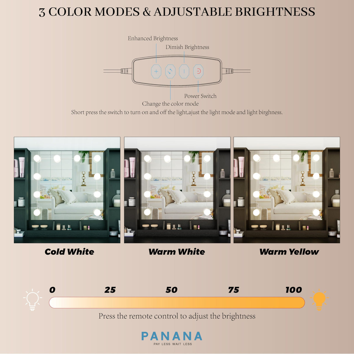 Vanity Desk, Makeup Table with Lights Vanity Set with 3 Drawers, 1 Cabinet & 6 Shelves 3 Lighting Modes Brightness Adjustable Dressing Table with Cushioned Stool for Bedroom, Dressing Room (Black) Panana